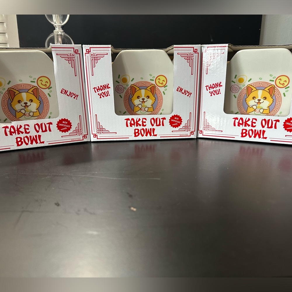 🆕3 Ceramic Corgi Take Out Bowls W/Chopsticks